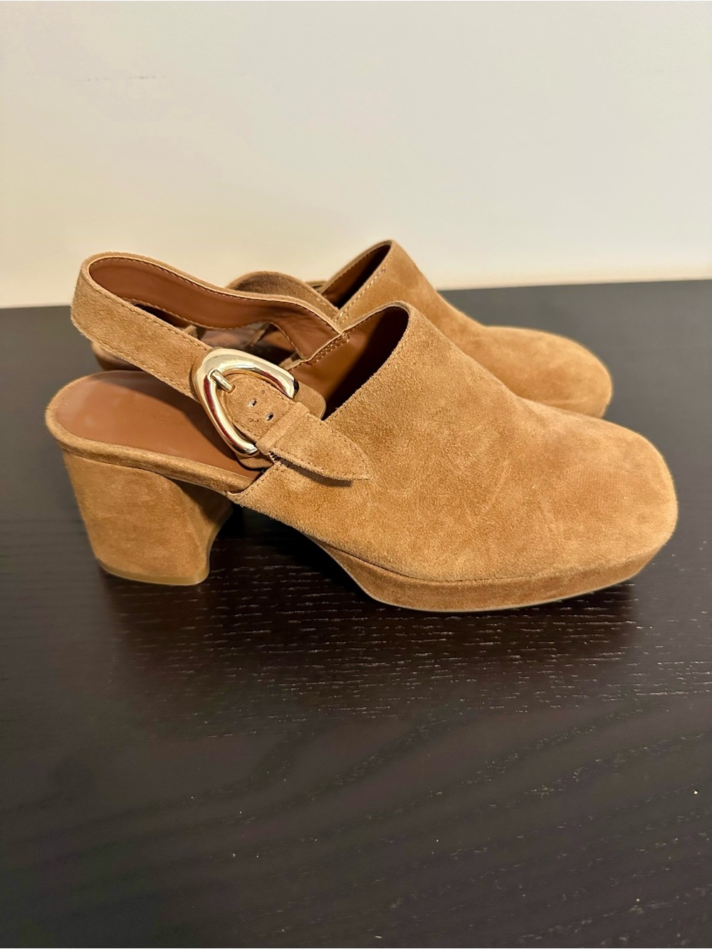 AEROSOLES Tan Suede Slingback Block Heel Mules